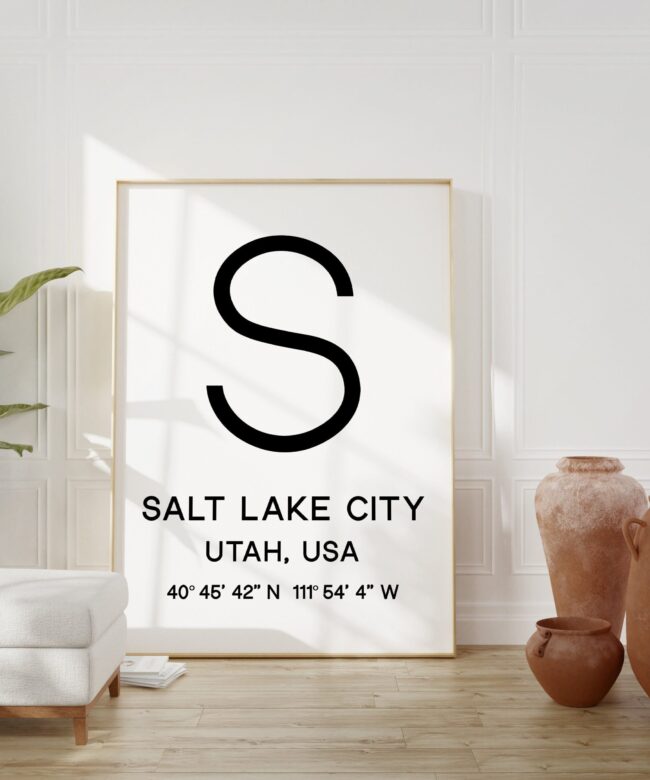 Salt Lake City Utah with GPS Coordinates Typography Minimalist Art Print - Travel Home Decor