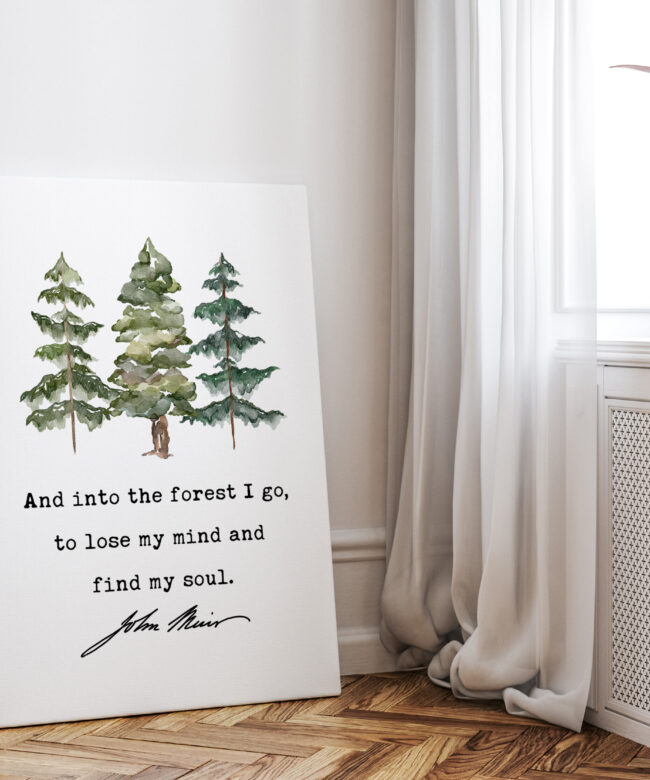 John Muir Quote - And into the forest I go, to lose my mind and find my soul. Low Profile Mounted Canvas Art Print with Watercolor Trees