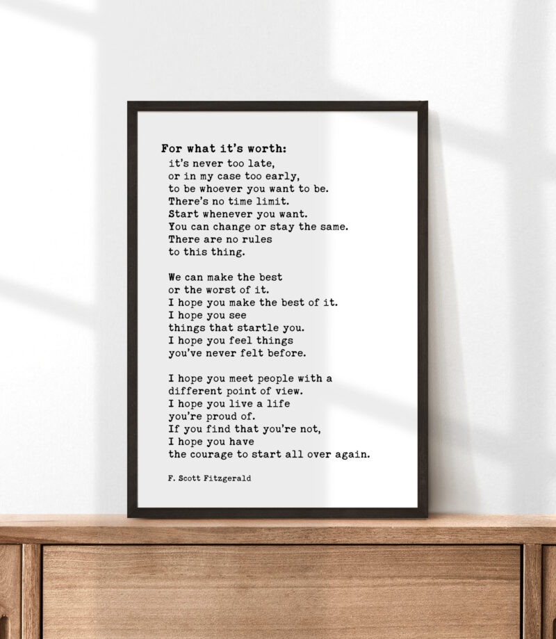F. Scott Fitzgerald Quote - For What It's Worth It's Never Too Late Typography Art - Image 3