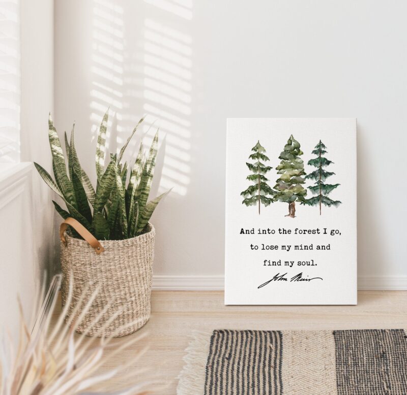 John Muir Quote - And into the forest I go, to lose my mind and find my soul. Low Profile Mounted Canvas Art Print with Watercolor Trees - Image 4