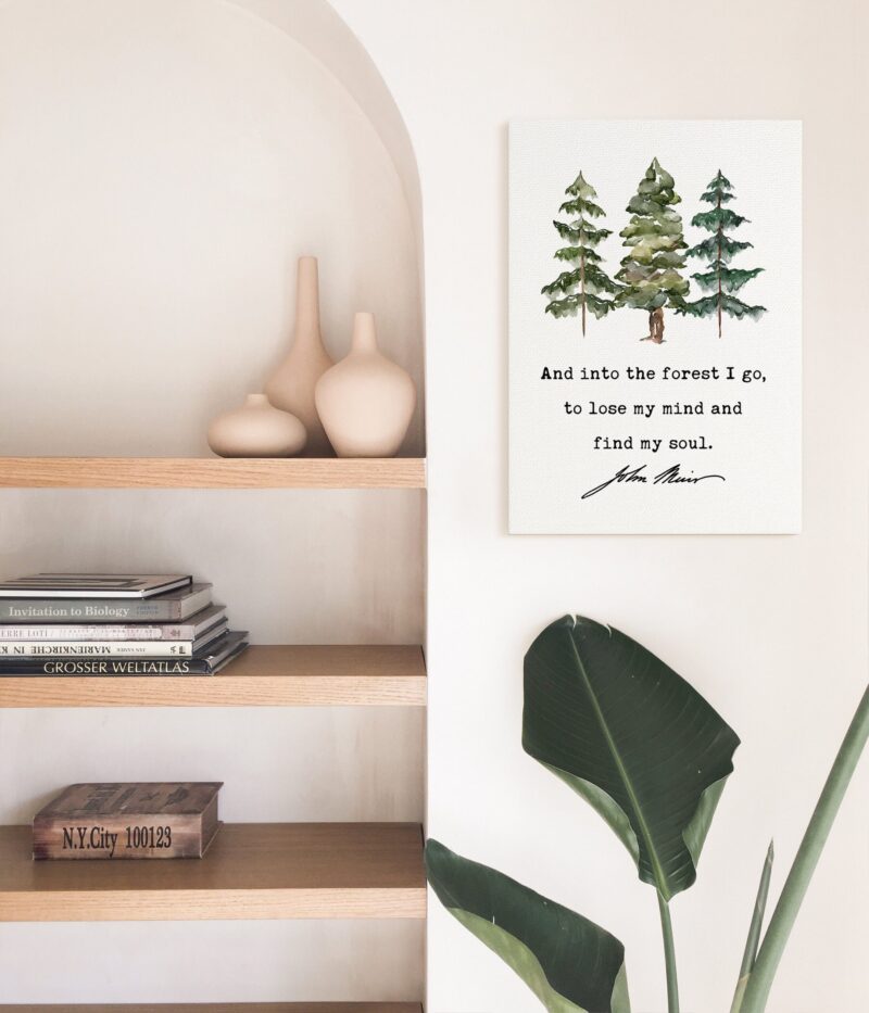 John Muir Quote - And into the forest I go, to lose my mind and find my soul. Low Profile Mounted Canvas Art Print with Watercolor Trees - Image 3