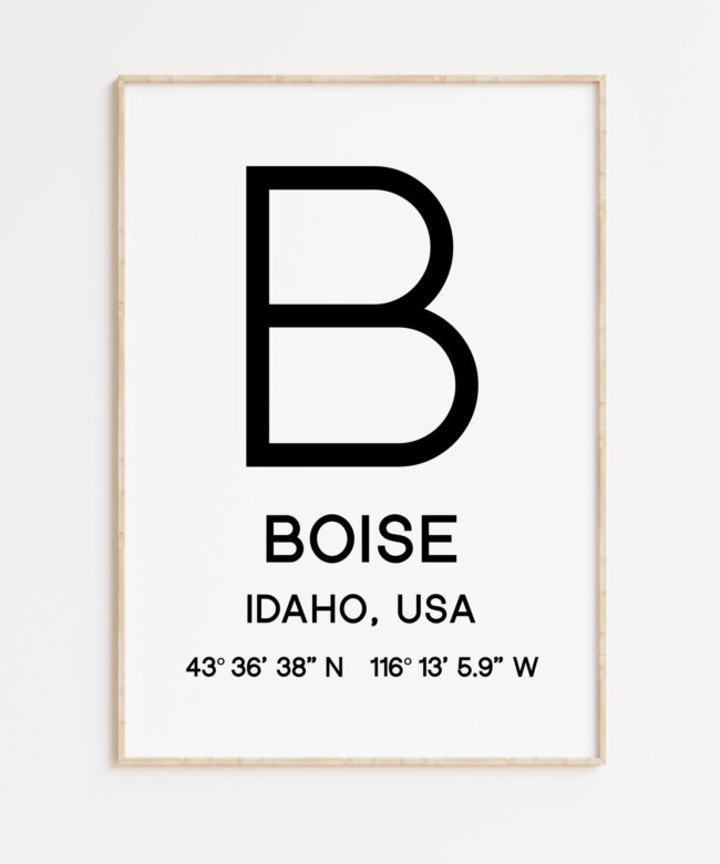 Boise Idaho with GPS Coordinates Minimalist Typography Art Print