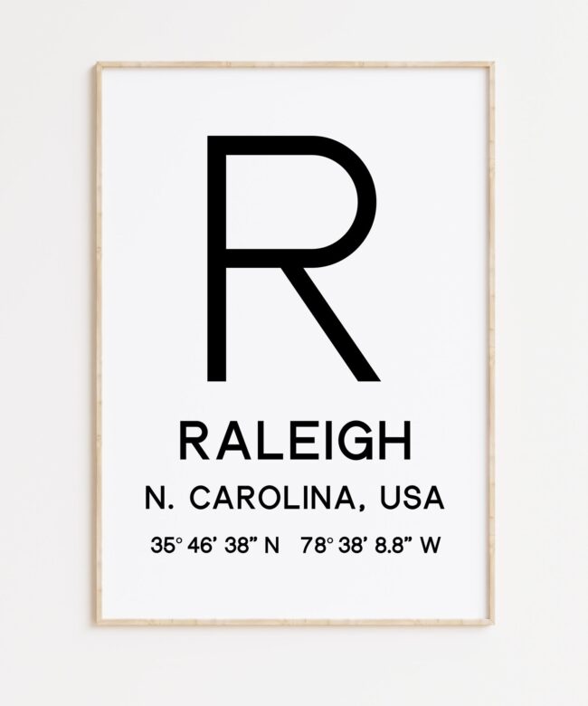 Raleigh North Carolina with GPS Coordinates Minimalist Typography Art Print