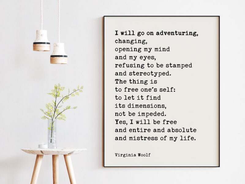 I will go on adventuring, changing, opening my mind and my eyes... - Virginia Woolf Quote Typography Art Print