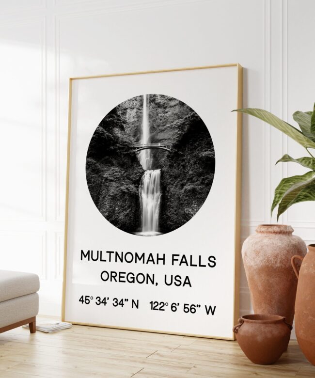 Multnomah Falls, Oregon with GPS Coordinates Art Print