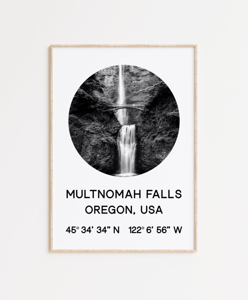 Multnomah Falls, Oregon with GPS Coordinates Art Print