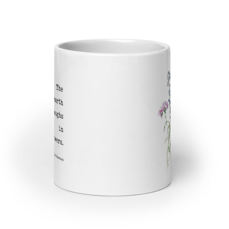 Ralph Waldo Emerson Quote – The Earth Laughs In Flowers Coffee Tea Mug featuring a bouquet of wildflowers.
