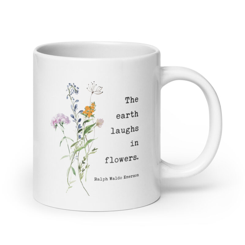 Ralph Waldo Emerson Quote – The Earth Laughs In Flowers Coffee Tea Mug featuring a bouquet of wildflowers.