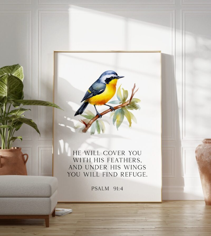 Psalm 91:4  He will cover you with His feathers, and under His wings you will find refuge. Art Print - Image 4