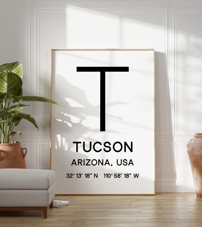 Tucson Arizona with GPS Coordinates Typography Minimalist Art Print