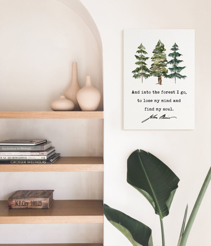 John Muir Quote - And into the forest I go, to lose my mind and find my soul. Low Profile Mounted Canvas Typography Art Print
