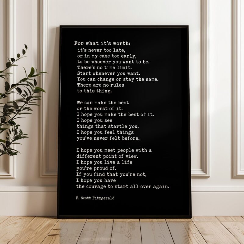 For What It's Worth: It's Never Too Late F. Scott Fitzgerald Quote - Typography Art Print - Inspiration, New Job, Starting Over