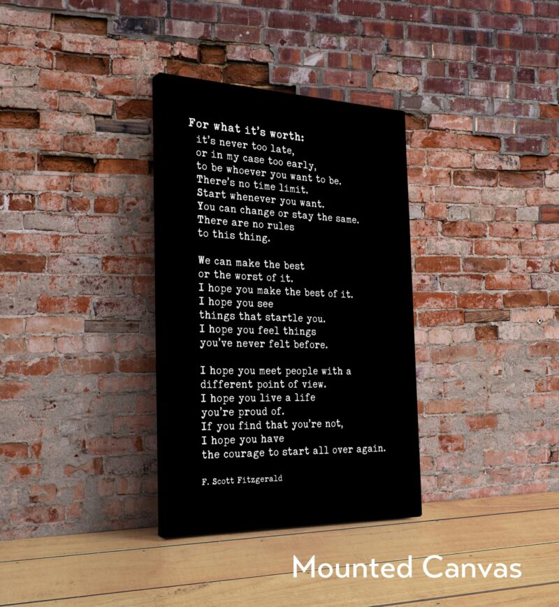For What It's Worth: It's Never Too Late F. Scott Fitzgerald Quote - Typography Art Print - Inspiration, New Job, Starting Over - Image 2