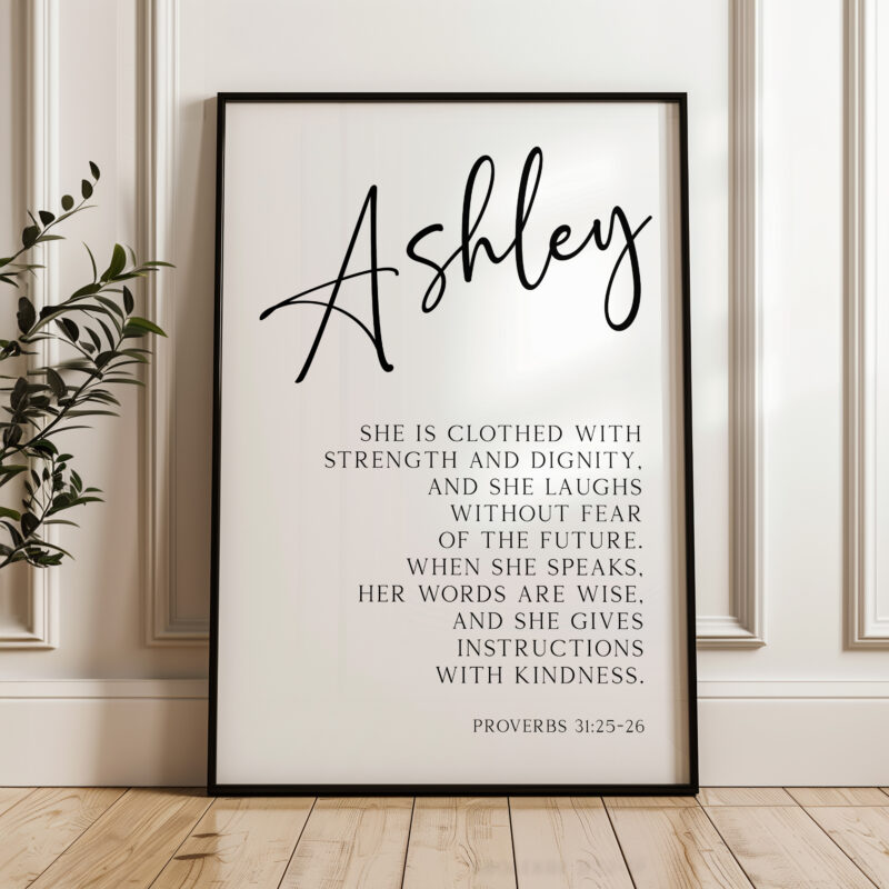 Proverbs 31:25-26 She is clothed with strength & dignity, and she laughs without fear of the future... Personalized Typography Art Print