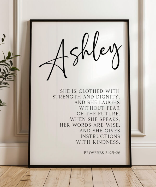 Proverbs 31:25-26 She is clothed with strength & dignity, and she laughs without fear of the future... Personalized Typography Art Print