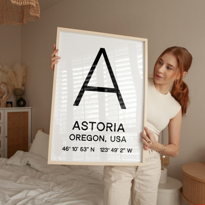 Astoria, Oregon with GPS Coordinates Typography Minimalist Art Print