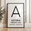 Astoria, Oregon with GPS Coordinates Typography Minimalist Art Print