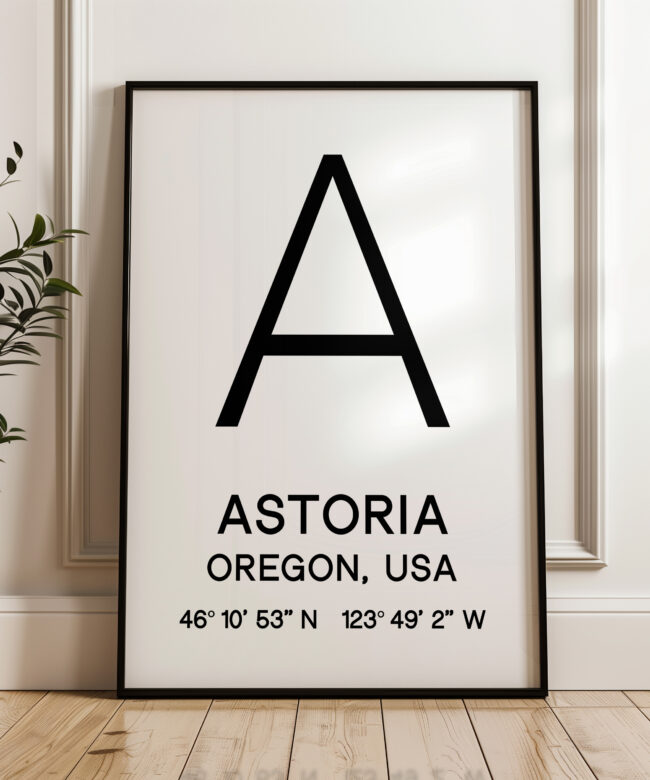 Astoria, Oregon with GPS Coordinates Typography Minimalist Art Print