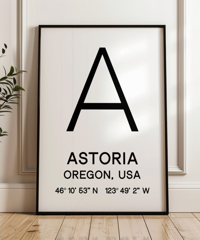 Astoria, Oregon with GPS Coordinates Typography Minimalist Art Print