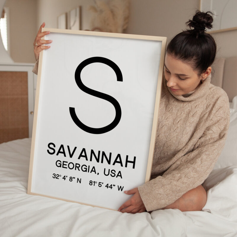 Savannah, Georgia with GPS Coordinates Typography Minimalist Art Print