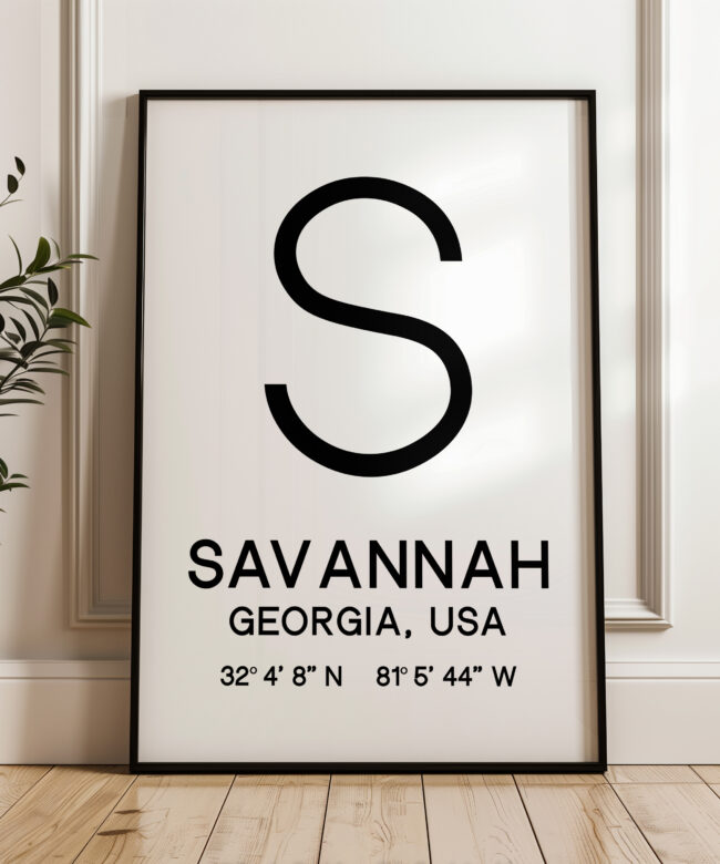 Savannah, Georgia with GPS Coordinates Typography Minimalist Art Print
