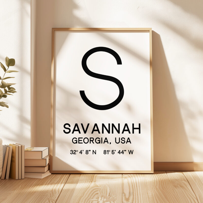 Savannah, Georgia with GPS Coordinates Typography Minimalist Art Print