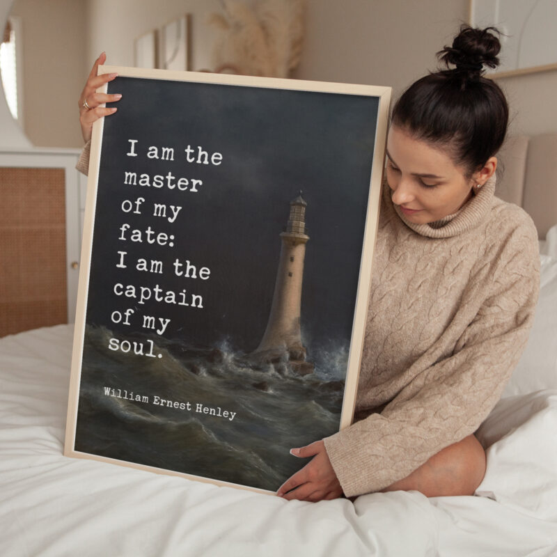 I am the master of my fate: I am the captain of my soul. William Ernest Henley Poem Quote Typography Art w/ Anton Melbye Lighthouse Painting