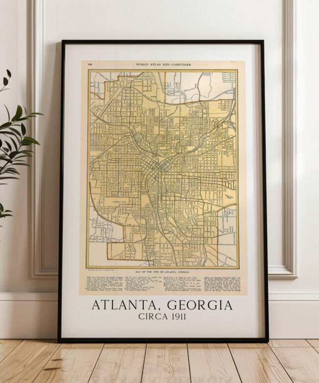 Atlanta, Georgia Vintage Street Map Circa 1911, World Atlas and Gazetteer Minimalist Art Print