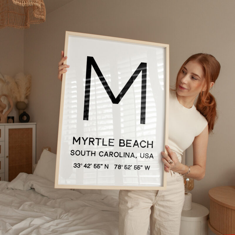 Myrtle Beach, SC with GPS Coordinates Minimalist Typography Art Print