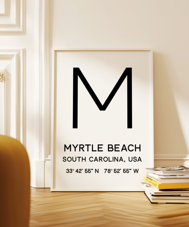 Myrtle Beach, SC with GPS Coordinates Minimalist Typography Art Print