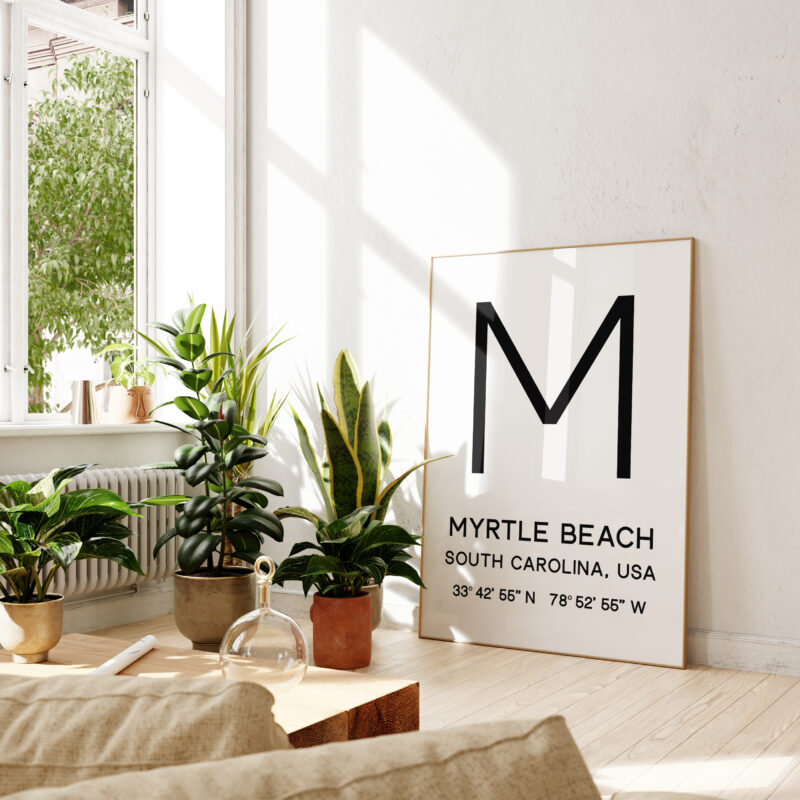 Myrtle Beach, SC with GPS Coordinates Minimalist Typography Art Print