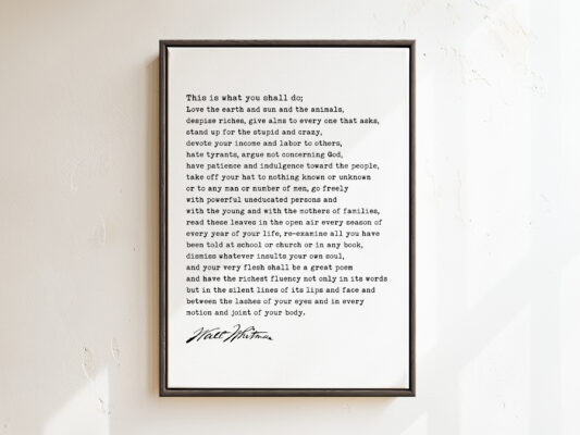 Walt Whitman Quote • This is what you shall do; Love the earth and sun and the animals... Typography Framed Canvas Art, Leaves of Grass