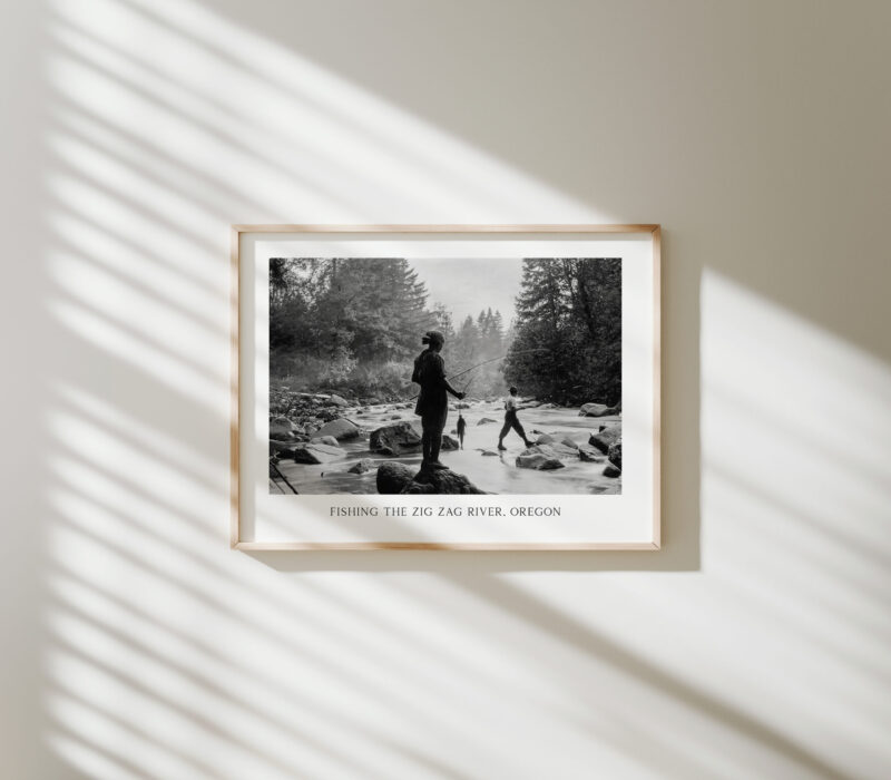 Fishing the Zig Zag River, Oregon Vintage Photo • USFS • Typography Art Print