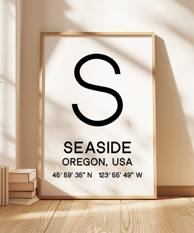 Seaside, Oregon with GPS Coordinates Minimalist Art Print • Travel • Coast