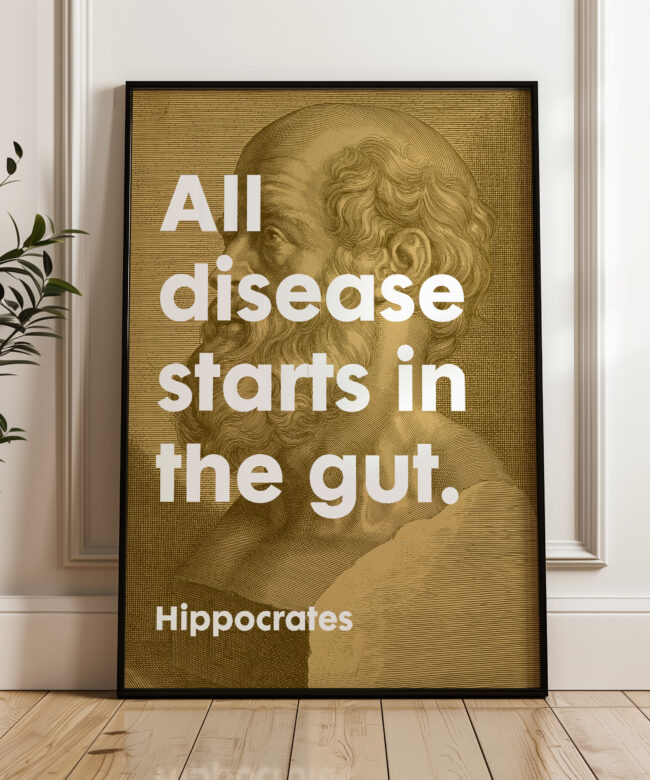 All disease starts in the gut. Hippocrates Quote Typography Art • Wellness • Fitness • Inspiration • Health