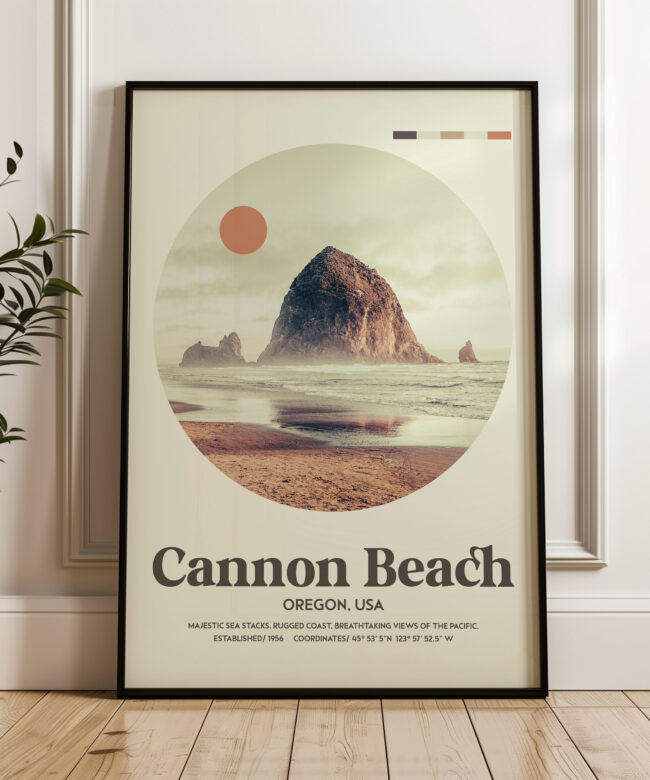 Cannon Beach, Oregon • Mid-Century Modern • Featuring GPS Coordinates • Typography Art Print