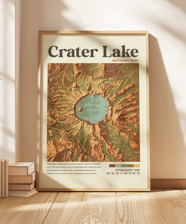 Crater Lake, Oregon • Mid-Century Modern • Vintage Topographic Map • Featuring GPS Coordinates • Typography Art Print