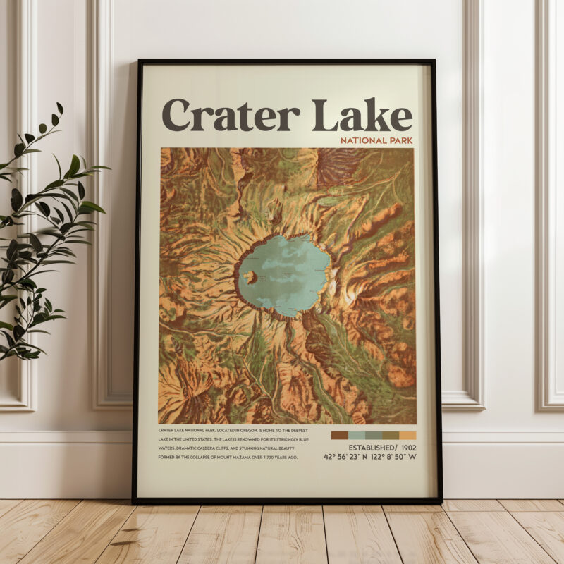 Crater Lake, Oregon • Mid-Century Modern • Vintage Topographic Map • Featuring GPS Coordinates • Typography Art Print - Image 4