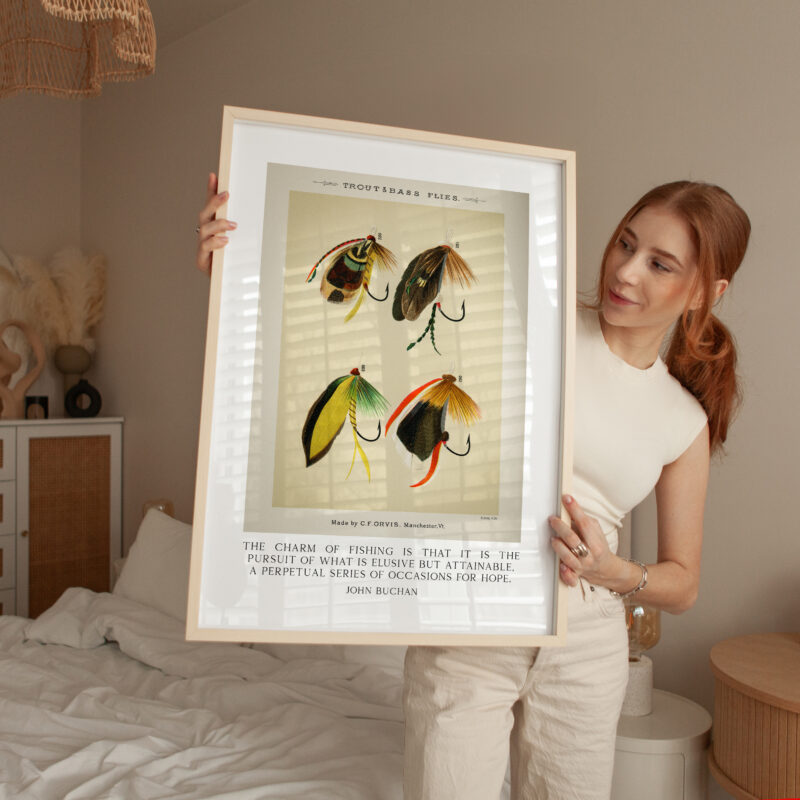 The charm of fishing is that it is the pursuit... John Buchan Quote featuring Trout & Bass Flies by Mary Orvis Marbury. Typography Art Print - Image 3