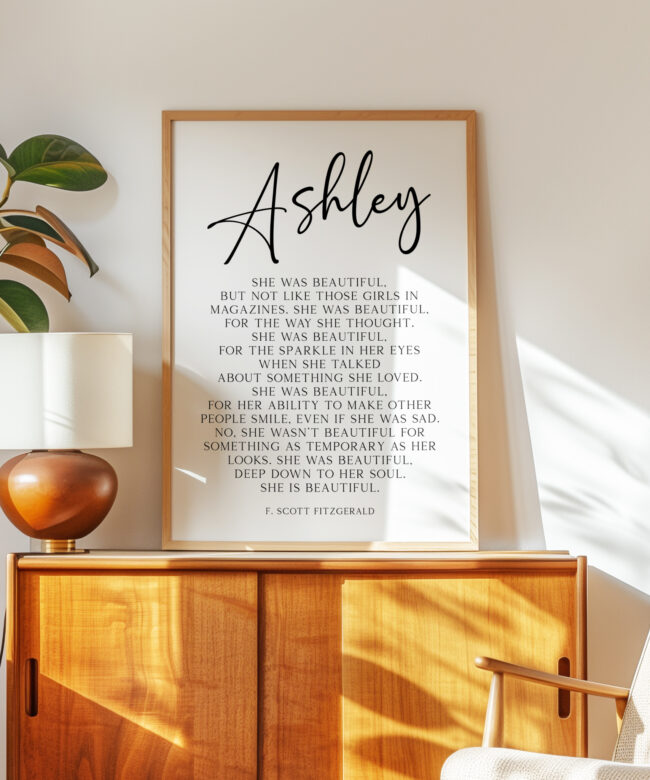 She was beautiful But Not Like Those Girls in Magazines Personalized with Name • F. Scott Fitzgerald • Typography Art Print
