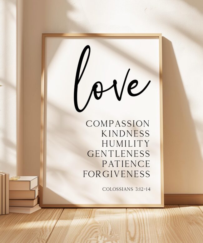Love, Compassion, Kindness, Humility, Gentleness, Patience, Forgiveness • Colossians 3:12-14 • Typography Art Print • Weddings • Baptisms