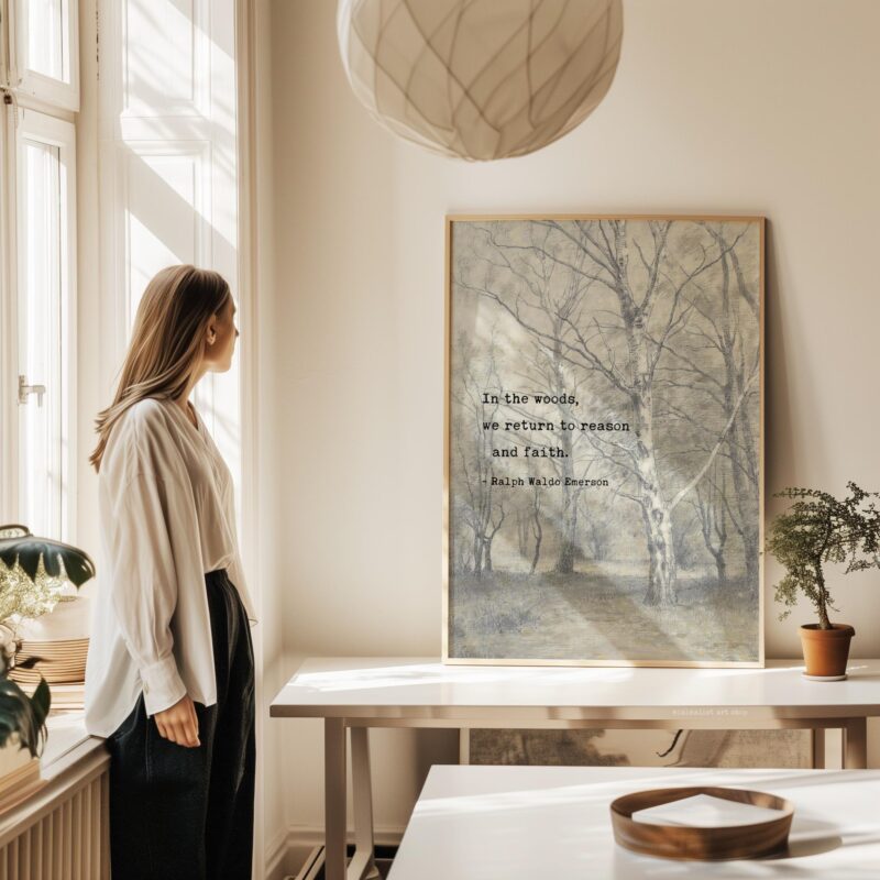 In the woods, we return to reason and faith. • Ralph Waldo Emerson Quote • Bos met berkebomen  • Typography Art Print • Nature (1836) - Image 4