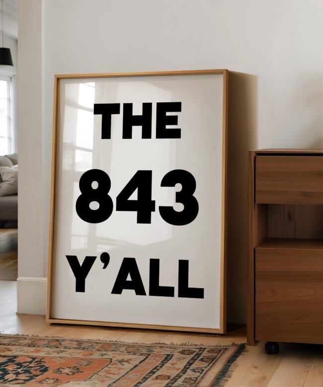 The 843 Y'all Minimalist Typography Art Print • South Carolina Area Code • Charleston • Low Country • Hilton Head • Myrtle Beach