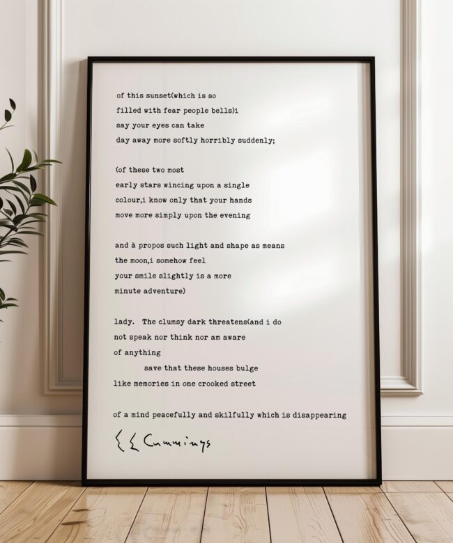 of this sunset(which is so filled with fear people bells) by E.E. Cummings Poem Typography Art Print (1925)